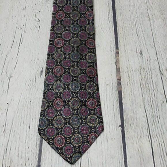 Vintage Italian Silk Black Purple Eclectic Medallion Print Tie - Picture 1 of 6
